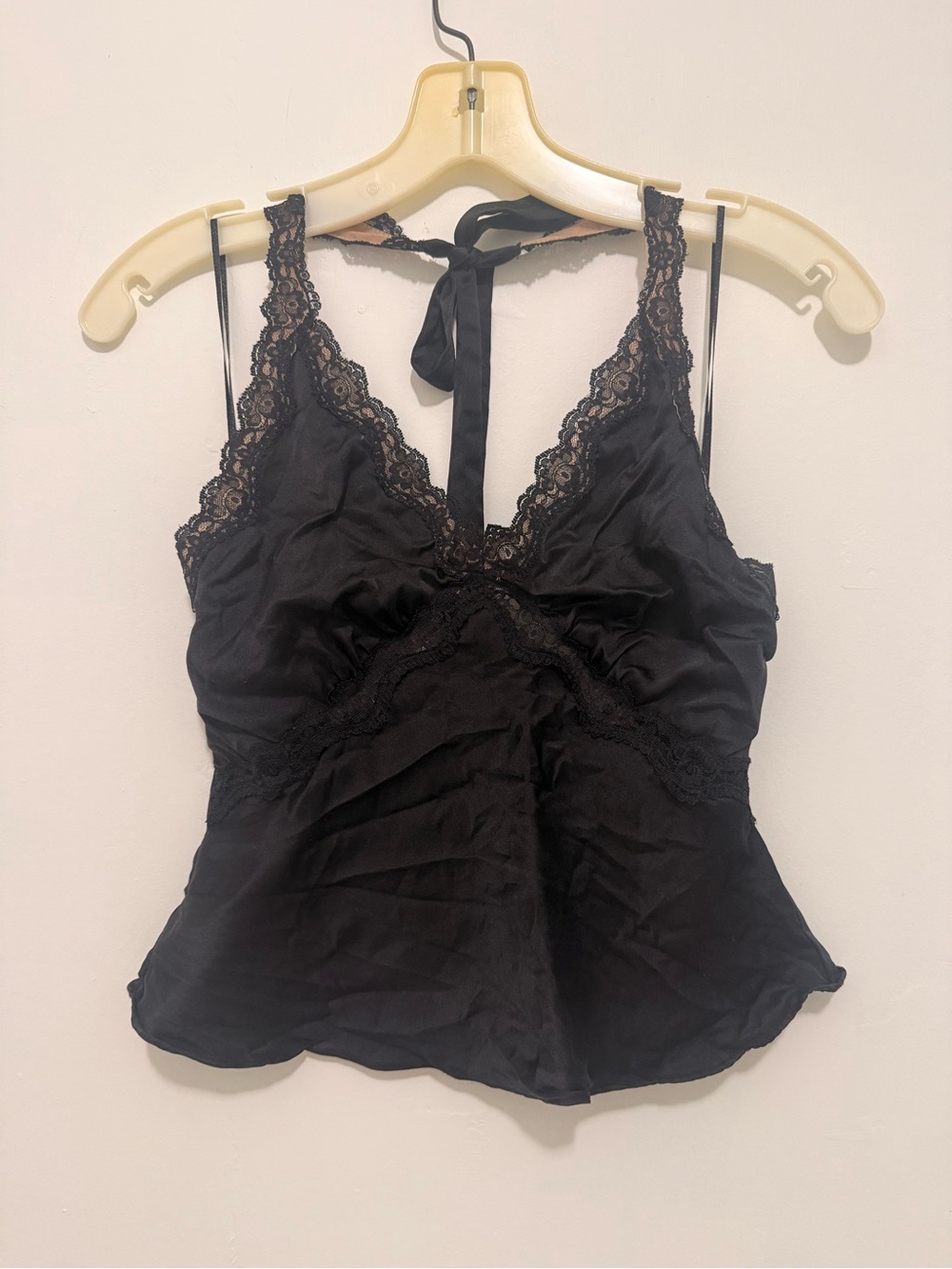 Reformation S Black Silk Lace-Trim Silk Halter Cami - luxury, chic, date night